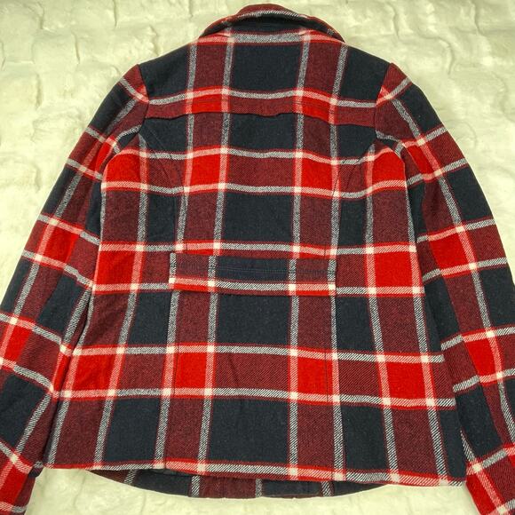 🔥American Eagle Wool Blend Plaided Red Blue Military Style Peacoat Jacket Sz M - Picture 4 of 16